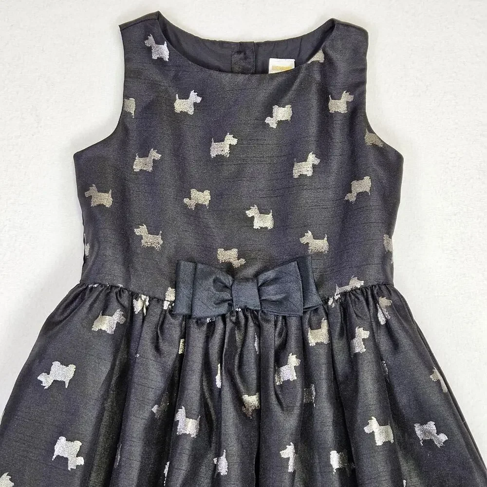Gymboree Scottie Dog Dress Girls 7 Party Sleeveless Black Silver Bow Wedding Fun